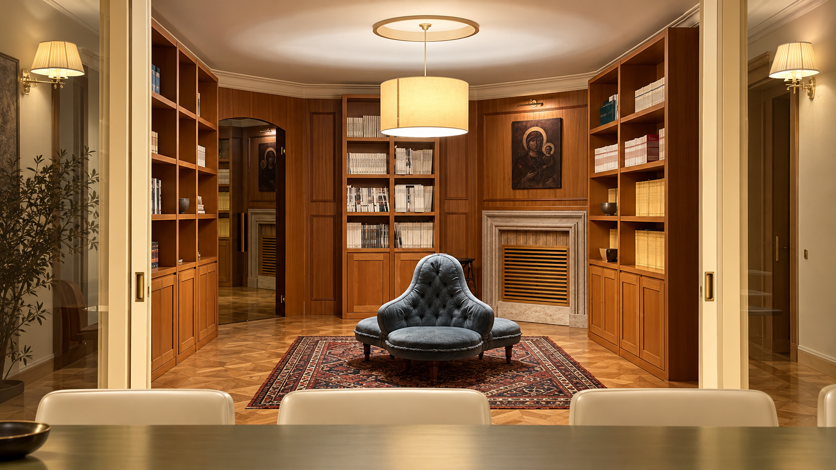 Reinterpreted view of the firm’s office, with wooden bookshelves, furniture and a meeting area